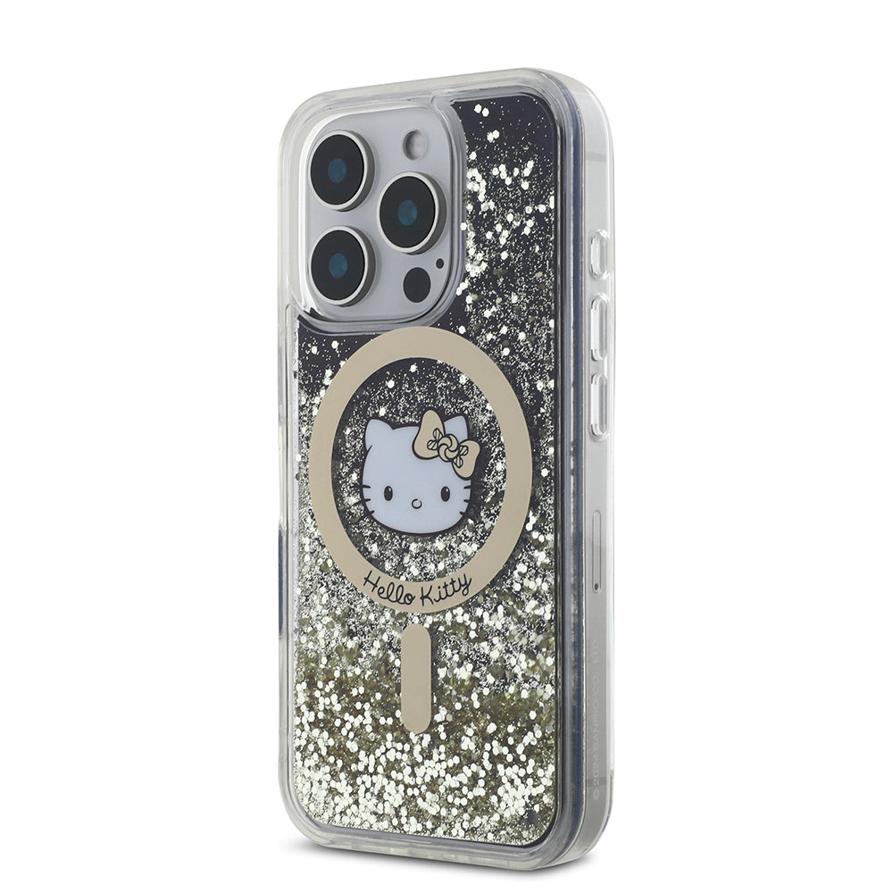 Apple iPhone 16 Pro Max Kılıf Hello Kitty Orjinal Lisanslı Magsafe Şarj Özellikli IML Baskı Kitty Head Logolu Sıvılı Simli Altın Ateşi Kapak Siyah