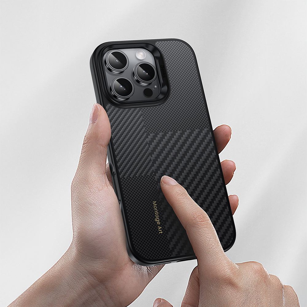 Apple iPhone 16 Pro Max Kılıf Karbon Fiber M-safe Şarj Özellikli Kamera Kontrol Butonlu Benks Hybrid ArmorPro Montage Kevlar Kapak Siyah