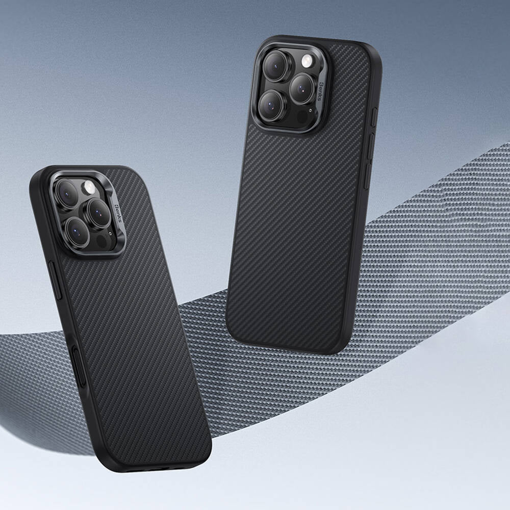 Apple iPhone 16 Pro Max Kılıf Karbon Fiber Magsafe Şarj Özellikli Benks Hybrid ArmorPro 600D Kevlar Kapak Siyah
