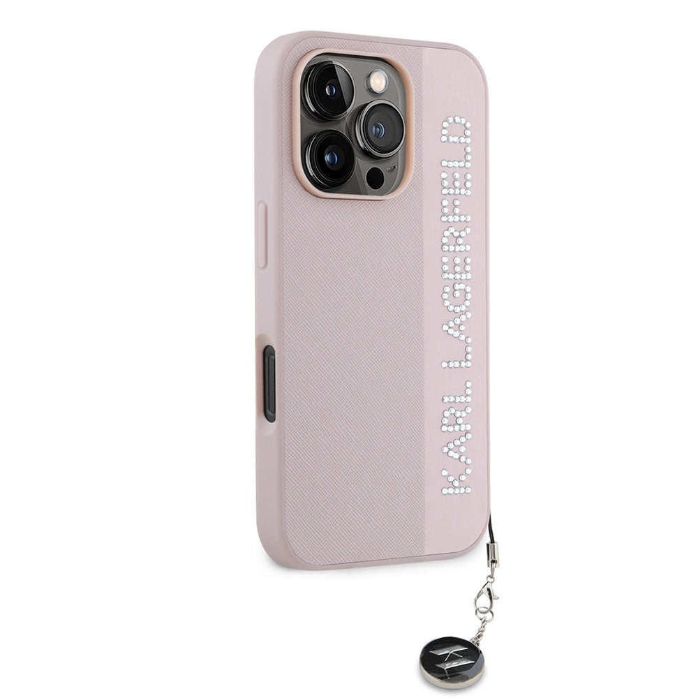 Apple iPhone 16 Pro Max Kılıf Karl Lagerfeld Orjinal Lisanslı Anahtarlıklı Taşlı KL Yazılı Saffiano Rhinestones Kapak Pembe