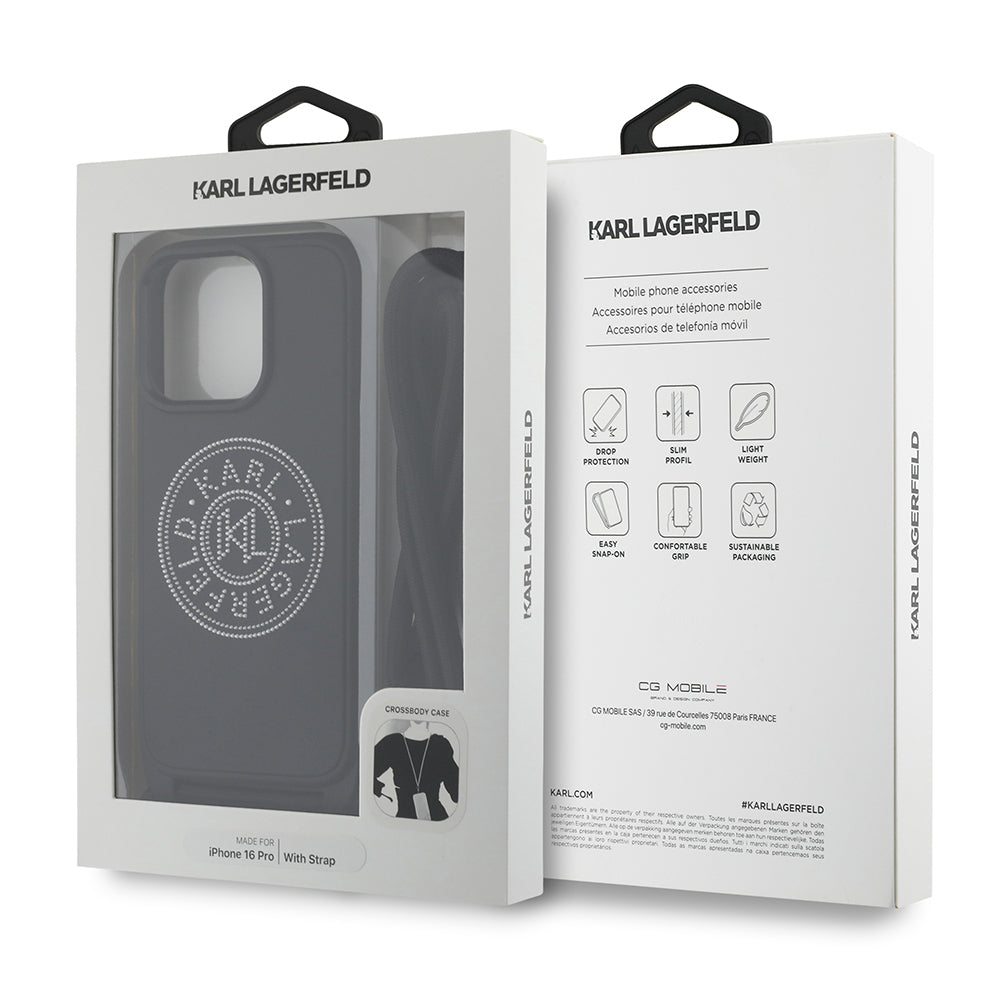 Apple iPhone 16 Pro Max Kılıf Karl Lagerfeld Orjinal Lisanslı Askı İpli Taşlı KL Yazılı Crossbody Cord Kapak Siyah