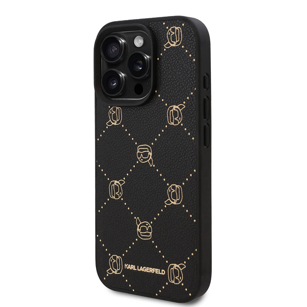 Apple iPhone 16 Pro Max Kılıf Karl Lagerfeld Orjinal Lisanslı Magsafe Şarj Özellikli PU Deri Karl Heads Desenli Klasik Logolu Kapak Siyah