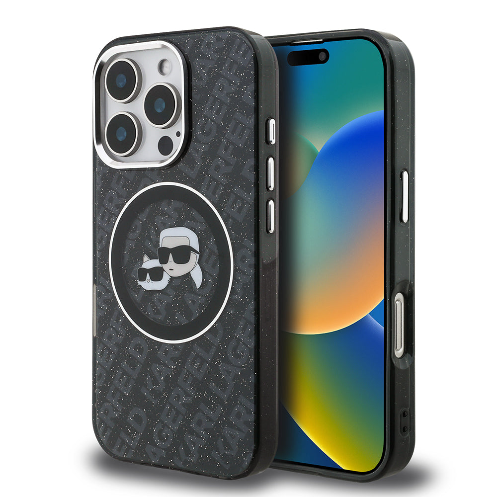 Apple iPhone 16 Pro Max Kılıf Karl Lagerfeld Orjinal Lisanslı Parlayan Simli Karl & Choupette Heads Kapak Siyah