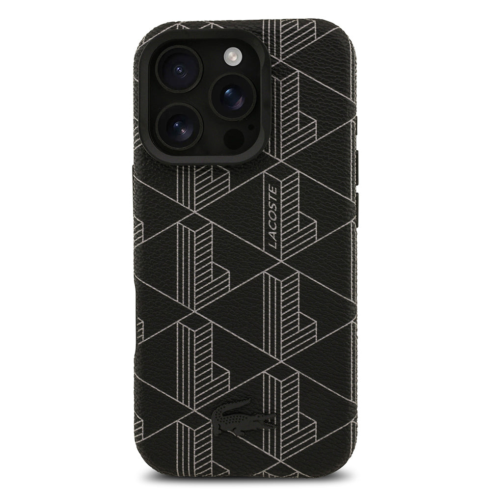 Apple iPhone 16 Pro Max Kılıf Lacoste Orjinal Lisanslı M-safe Şarj Özellikli Standlı PU Deri Karışık Monogram Desenli Kapak Siyah