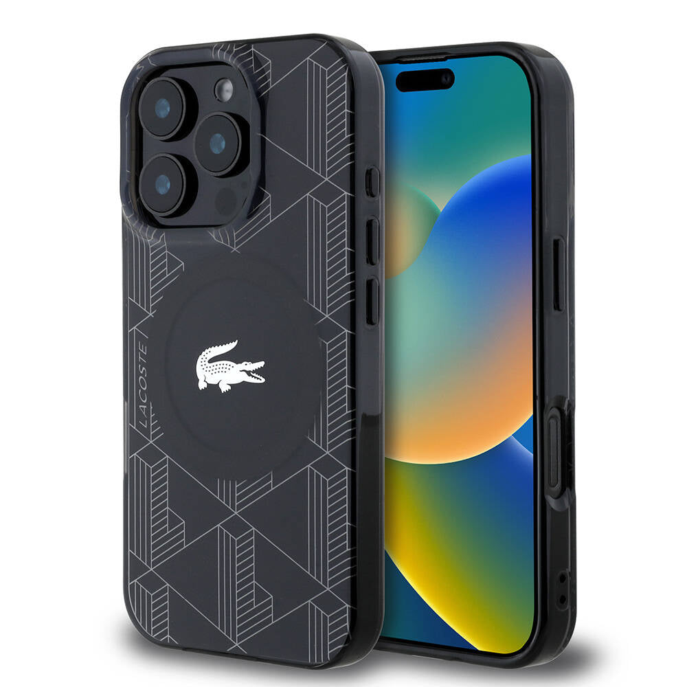 Apple iPhone 16 Pro Max Kılıf Lacoste Orjinal Lisanslı Magsafe Şarj Özellikli IML Baskılı Gümüş Timsah Logolu Monogram Kapak Lacivert