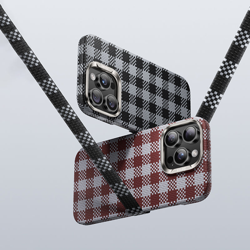 Apple iPhone 16 Pro Max Kılıf M-safe Şarj Özellikli Ekose Tasarımlı Benks ArmorVichy Kevlar Kapak Siyah