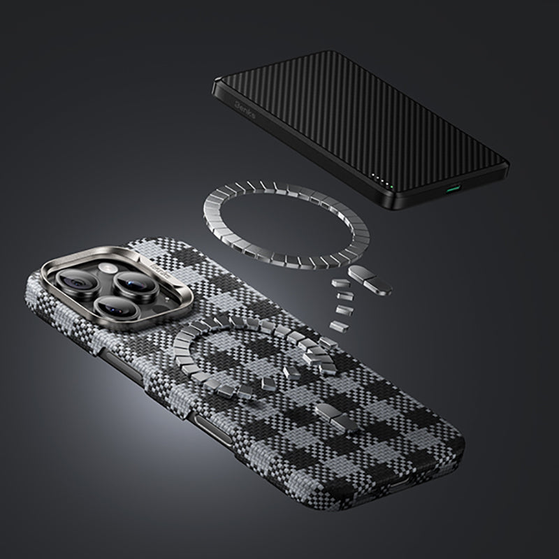 Apple iPhone 16 Pro Max Kılıf M-safe Şarj Özellikli Ekose Tasarımlı Benks ArmorVichy Kevlar Kapak Siyah