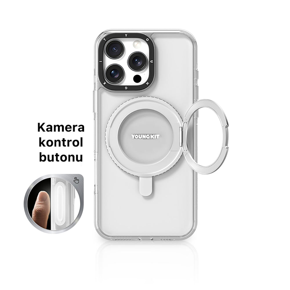 Apple iPhone 16 Pro Max Kılıf M-safe Şarj Özellikli Standlı Aksiyon Butonlu Youngkit Pivot Serisi Kapak Şeffaf