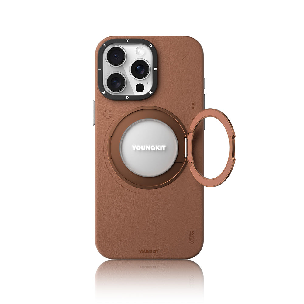 Apple iPhone 16 Pro Max Kılıf Magsafe Şarj Özellikli 360° Standlı Basit Mat Deri Desenli Youngkit Tech Leather Serisi Kapak Gri