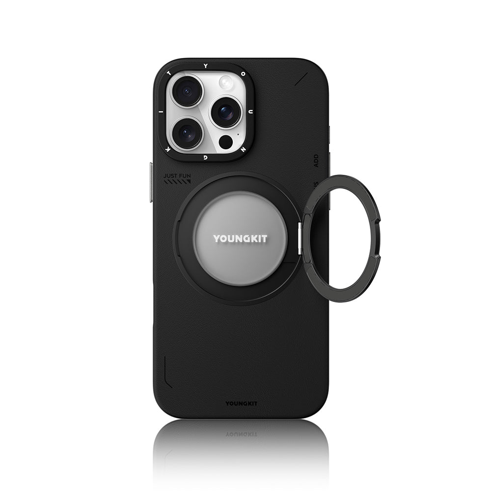 Apple iPhone 16 Pro Max Kılıf Magsafe Şarj Özellikli 360° Standlı Basit Mat Deri Desenli Youngkit Tech Leather Serisi Kapak Gri