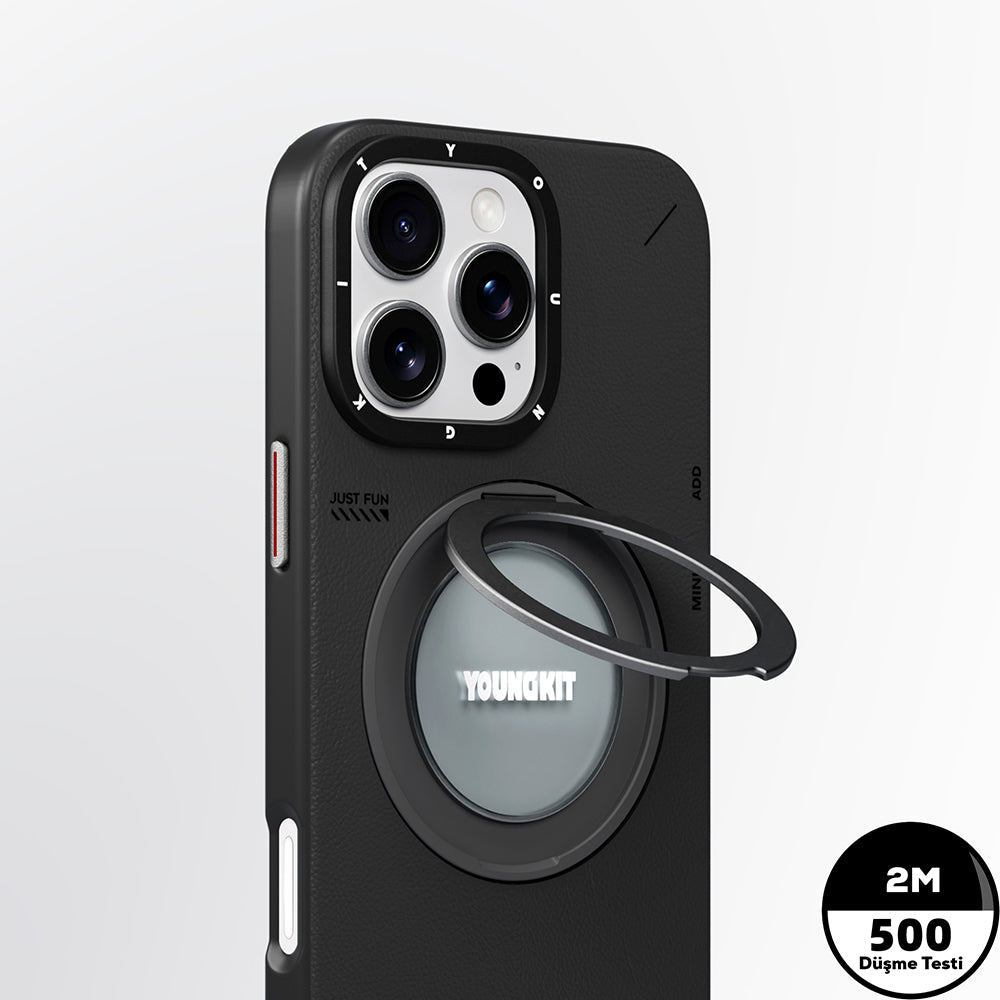 Apple iPhone 16 Pro Max Kılıf Magsafe Şarj Özellikli 360° Standlı Basit Mat Deri Desenli Youngkit Tech Leather Serisi Kapak Siyah