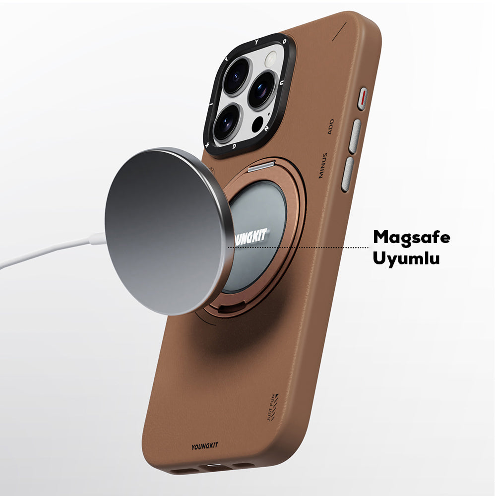 Apple iPhone 16 Pro Max Kılıf Magsafe Şarj Özellikli 360° Standlı Basit Mat Deri Desenli Youngkit Tech Leather Serisi Kapak Siyah