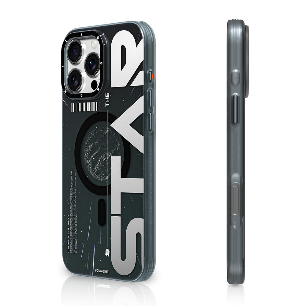 Apple iPhone 16 Pro Max Kılıf Magsafe Şarj Özellikli Airbagli Hologram Tasarımlı Youngkit Interstellar Serisi Kapak Siyah-Beyaz