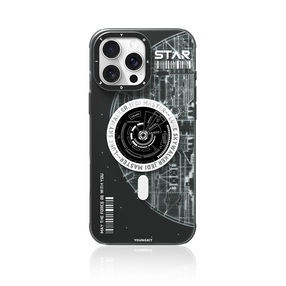 Apple iPhone 16 Pro Max Kılıf Magsafe Şarj Özellikli Airbagli Hologram Tasarımlı Youngkit Interstellar Serisi Kapak Siyah-Turuncu