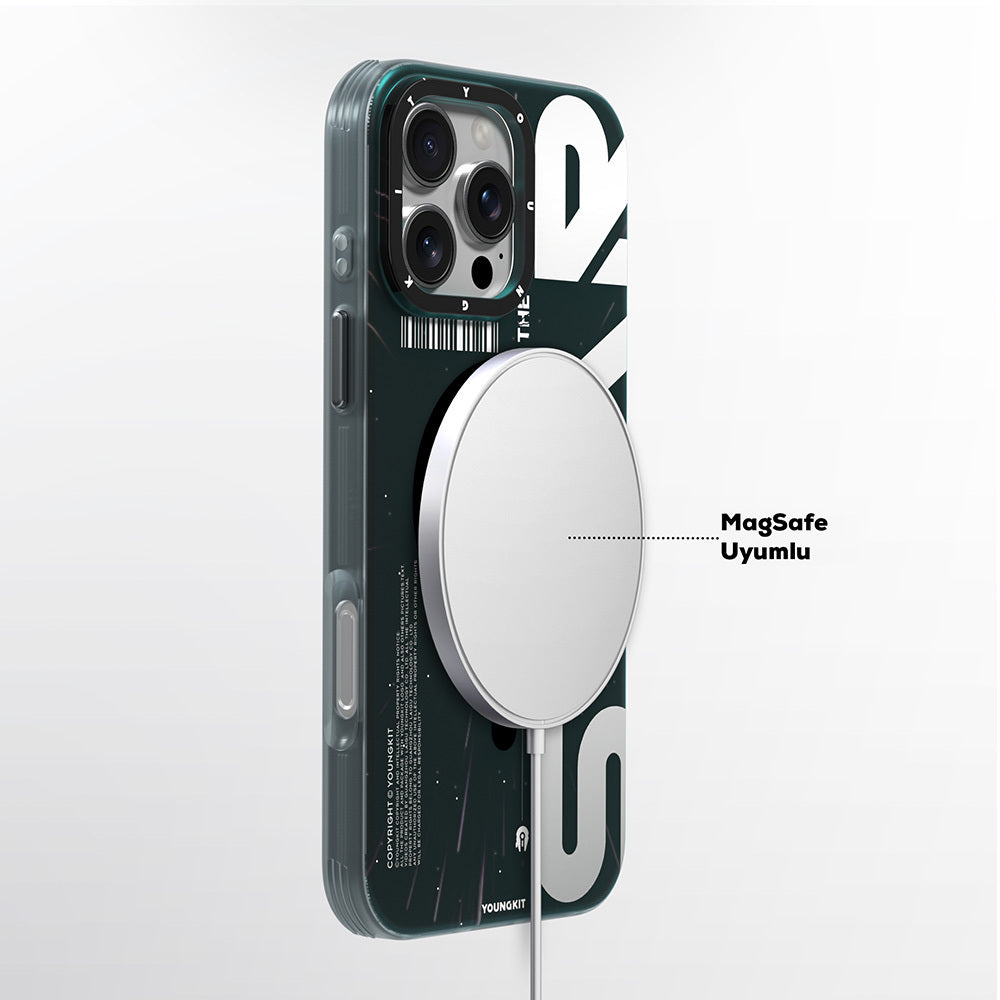 Apple iPhone 16 Pro Max Kılıf Magsafe Şarj Özellikli Airbagli Hologram Tasarımlı Youngkit Interstellar Serisi Kapak Siyah-Turuncu
