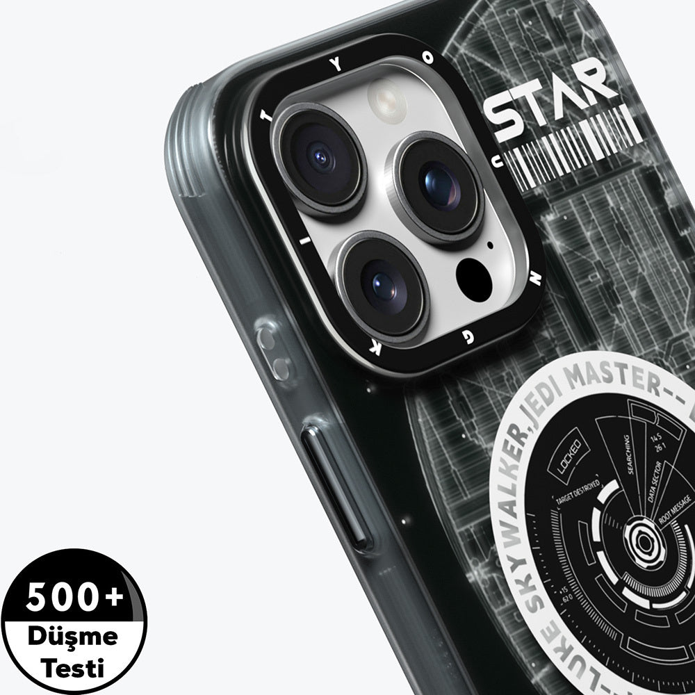 Apple iPhone 16 Pro Max Kılıf Magsafe Şarj Özellikli Airbagli Hologram Tasarımlı Youngkit Interstellar Serisi Kapak Siyah-Turuncu