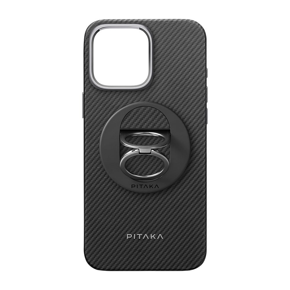 Apple iPhone 16 Pro Max Kılıf Magsafe Şarj Özellikli Grip 3 Standlı Aramid Fiber Pitaka Military Grade Classic Serisi Black-Grey Twill Kapak Siyah-Gri