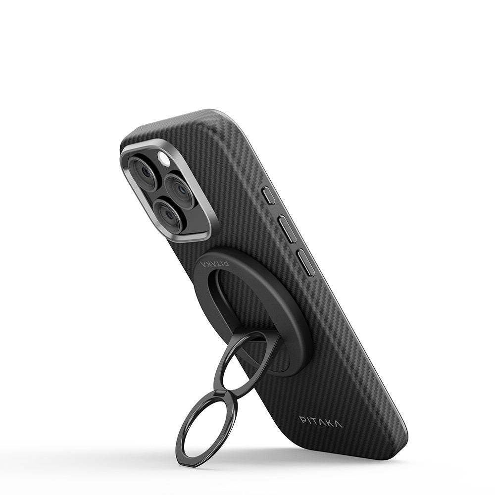 Apple iPhone 16 Pro Max Kılıf Magsafe Şarj Özellikli Grip 3 Standlı Aramid Fiber Pitaka Military Grade Classic Serisi Black-Grey Twill Kapak Siyah-Gri