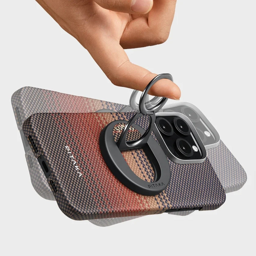 Apple iPhone 16 Pro Max Kılıf Magsafe Şarj Özellikli Grip 3 Standlı Aramid Fiber Pitaka Tactile Woven Sunset-Moonrise Serisi Sunset Kapak Kahverengi