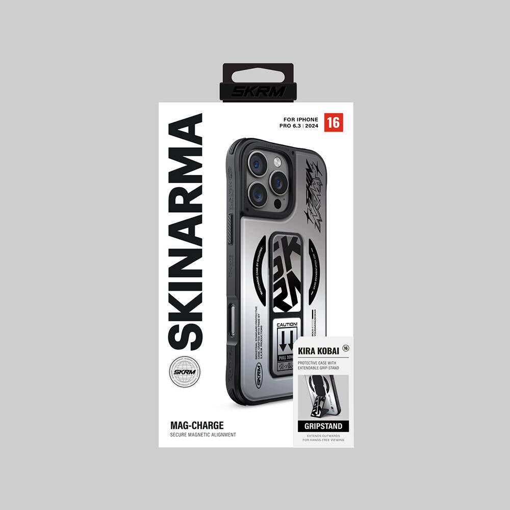 Apple iPhone 16 Pro Max Kılıf Magsafe Şarj Özellikli Holografik Tasarımlı Standlı Deri Görünümlü Skinarma Kira Kobai Kapak Gümüş