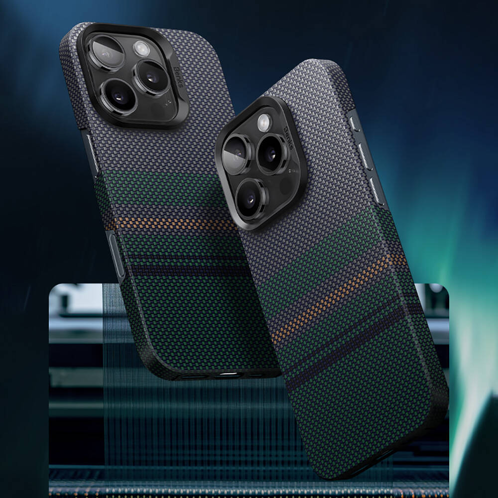 Apple iPhone 16 Pro Max Kılıf Magsafe Şarj Özellikli Karbon Fiber Tasarımlı Benks Aurora ArmorAir Kevlar Kapak Siyah