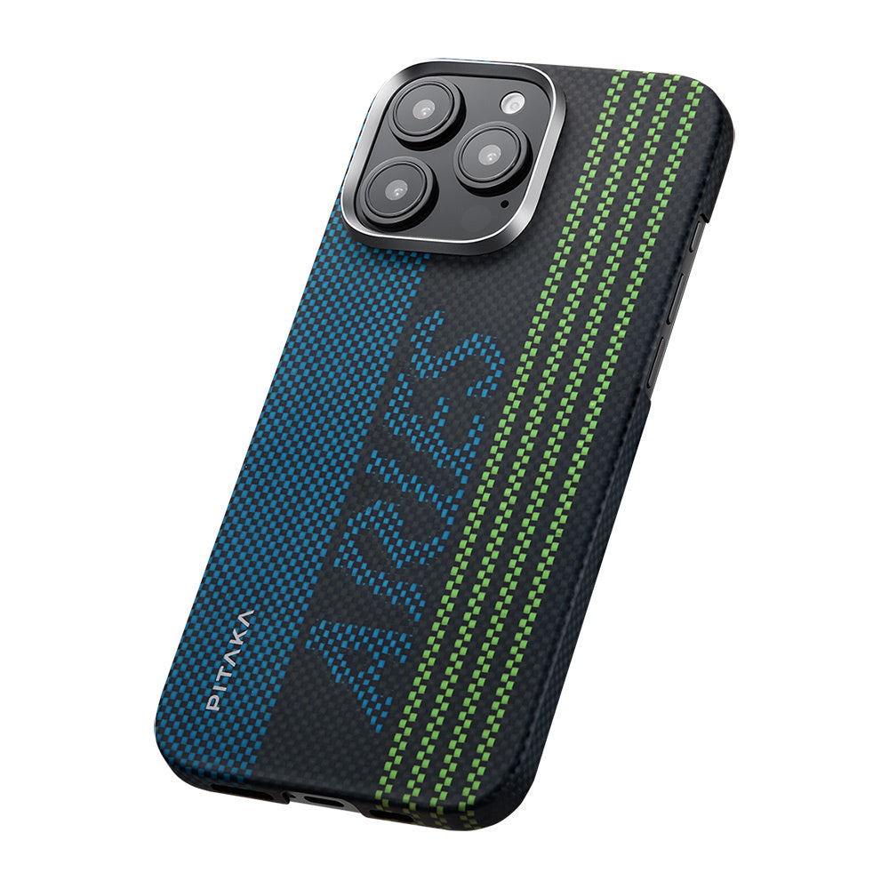 Apple iPhone 16 Pro Max Kılıf Magsafe Şarj Özellikli Lumintex Teknolojili Fosforlu Aramid Fiber Pitaka Tactile Woven Aries Serisi Credit Card Kapak Yeşil-Mavi