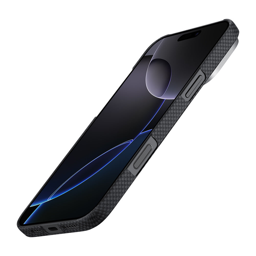 Apple iPhone 16 Pro Max Kılıf Magsafe Şarj Özellikli Lumintex Teknolojili Fosforlu Aramid Fiber Pitaka Tactile Woven Aries Serisi NoProblemo Kapak Siyah