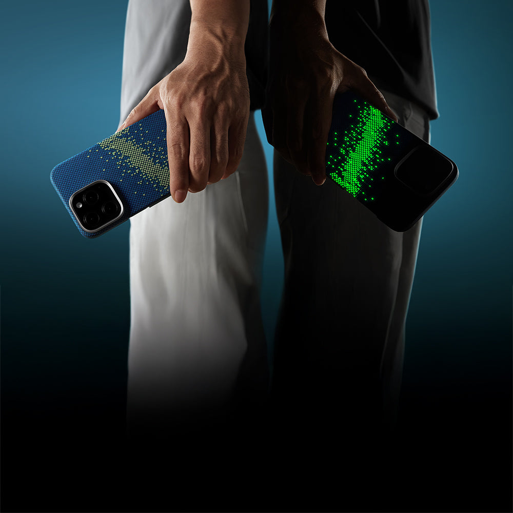 Apple iPhone 16 Pro Max Kılıf M-safe Şarj Özellikli Lumintex Teknolojili Fosforlu Özellikli Aramid Fiber Pitaka Tactile Woven Starpeak Serisi Milky Way Galaxy Kapak Mavi