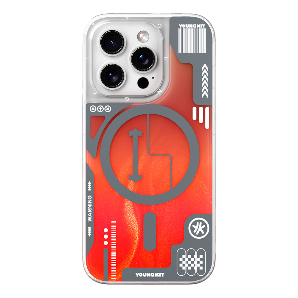 Apple iPhone 16 Pro Max Kılıf Magsafe Şarj Özellikli Parlak Kumlu Sıvılı Tasarımlı Galaxy Fantasy Serisi Kapak Turuncu