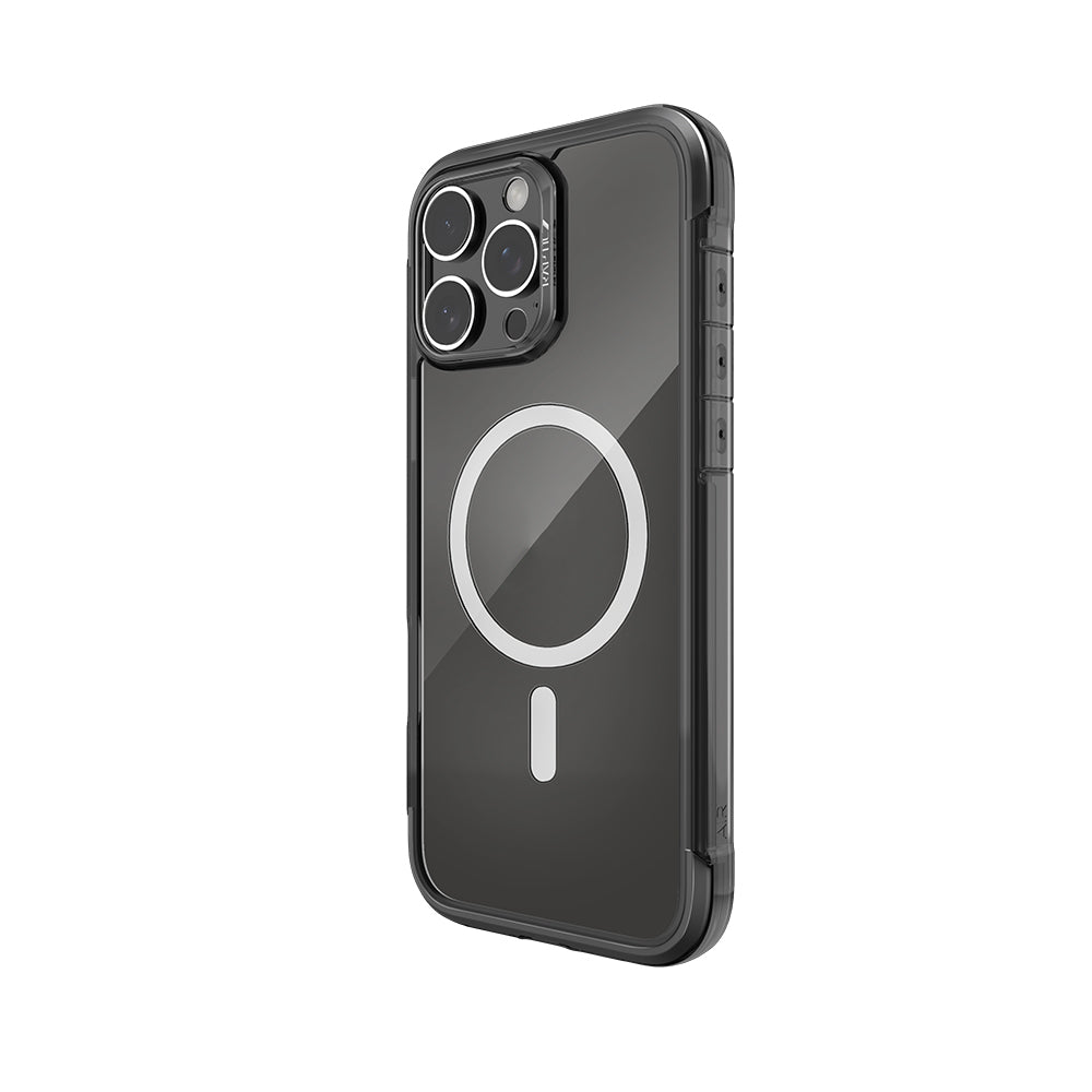 Apple iPhone 16 Pro Max Kılıf Magsafe Şarj Özellikli Raptic Air Serisi Airbag Tasarımlı Metal Köşelikli Şeffaf Kapak Gümüş