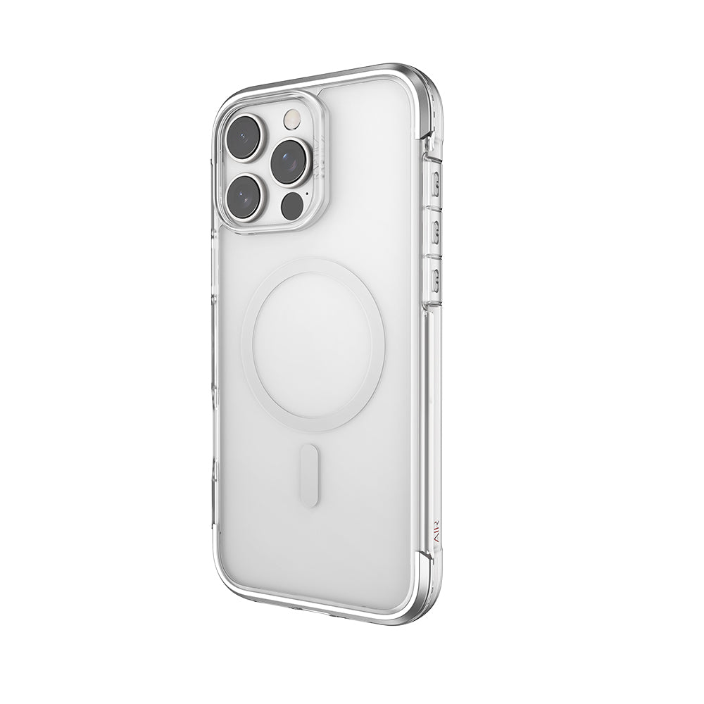 Apple iPhone 16 Pro Max Kılıf Magsafe Şarj Özellikli Raptic Air Serisi Airbag Tasarımlı Metal Köşelikli Şeffaf Kapak Siyah