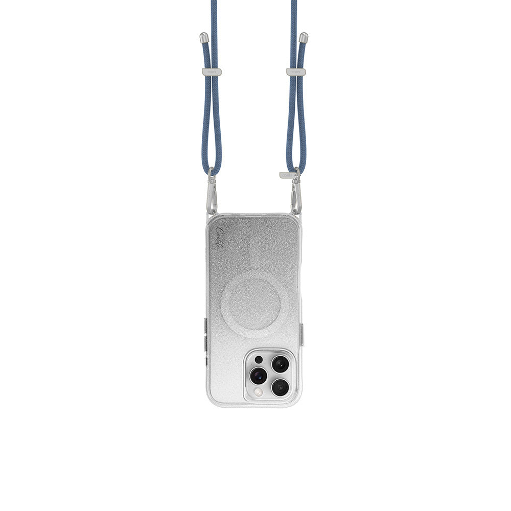 Apple iPhone 16 Pro Max Kılıf Magsafe Şarj Özellikli Simli Arka Yüzey Askı Aparatlı Coehl Lumino Kapak Gümüş