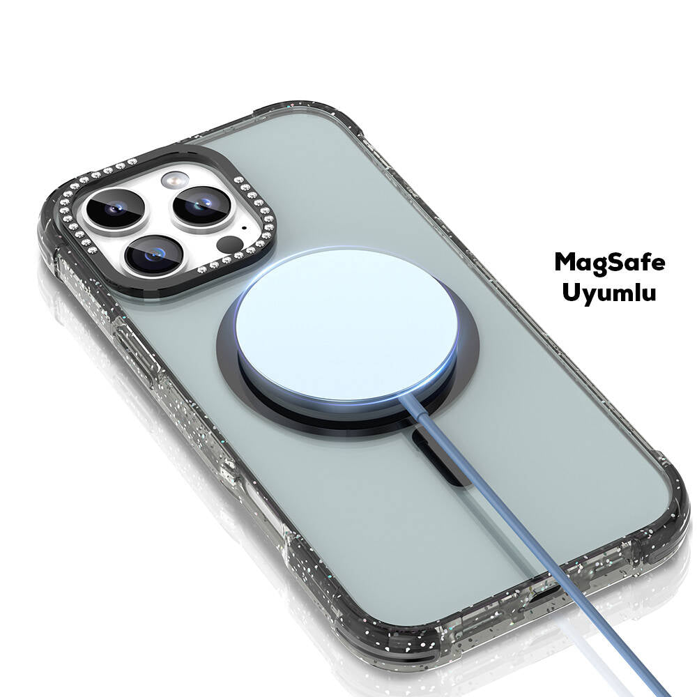 Apple iPhone 16 Pro Max Kılıf Magsafe Şarj Özellikli Taşlı ve Simli Tasarım Mutural Blink Kapak Siyah