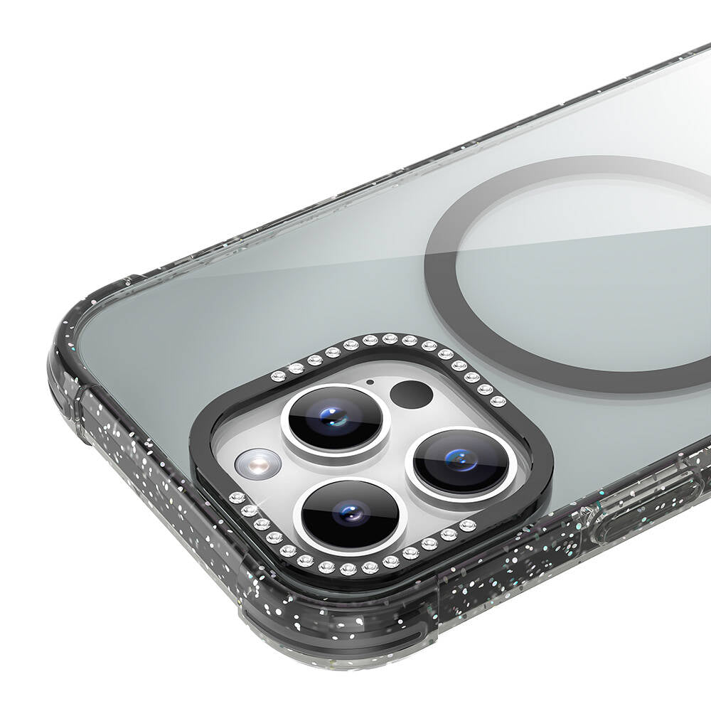 Apple iPhone 16 Pro Max Kılıf Magsafe Şarj Özellikli Taşlı ve Simli Tasarım Mutural Blink Kapak Pembe