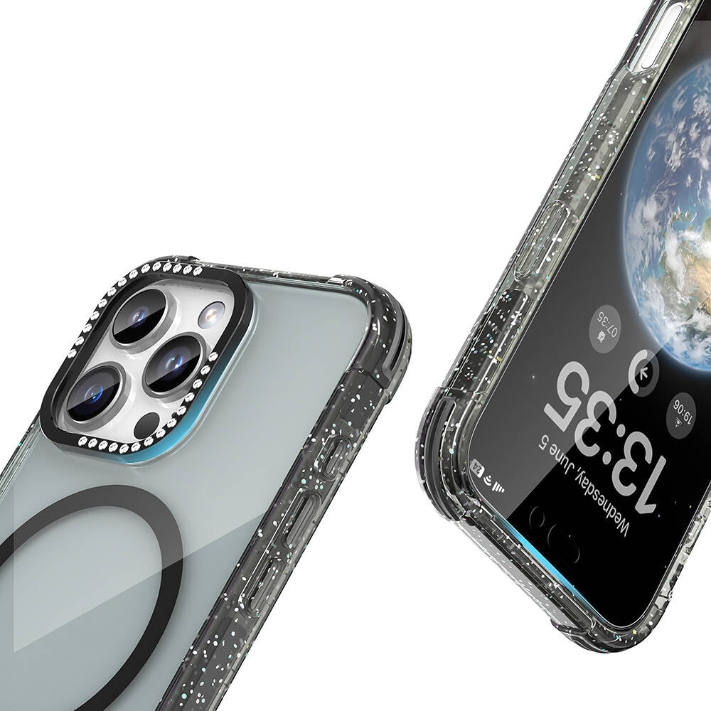 Apple iPhone 16 Pro Max Kılıf Magsafe Şarj Özellikli Taşlı ve Simli Tasarım Mutural Blink Kapak Pembe