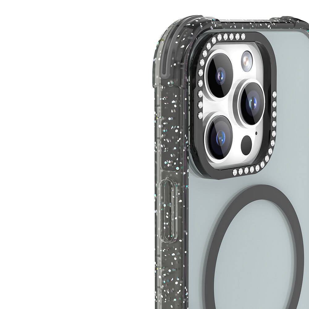 Apple iPhone 16 Pro Max Kılıf Magsafe Şarj Özellikli Taşlı ve Simli Tasarım Mutural Blink Kapak Şeffaf