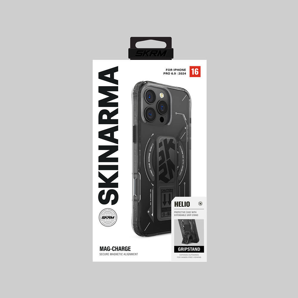 Apple iPhone 16 Pro Max Kılıf Magsafe Şarj Özellikli Teknoloji Desenli Standlı Skinarma Helio Kapak Siyah