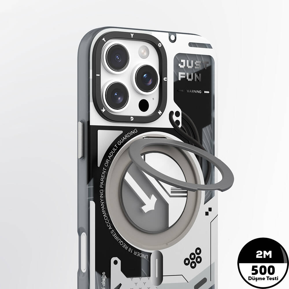 Apple iPhone 16 Pro Max Kılıf Magsafe Şarj Özellikli Youngkit 360° Standlı Starship Serisi Kapak Beyaz