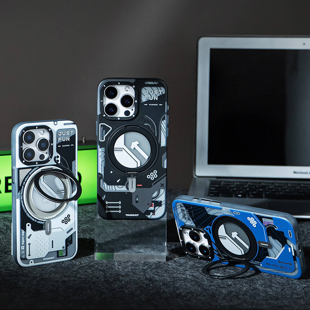 Apple iPhone 16 Pro Max Kılıf Magsafe Şarj Özellikli Youngkit 360° Standlı Starship Serisi Kapak Siyah