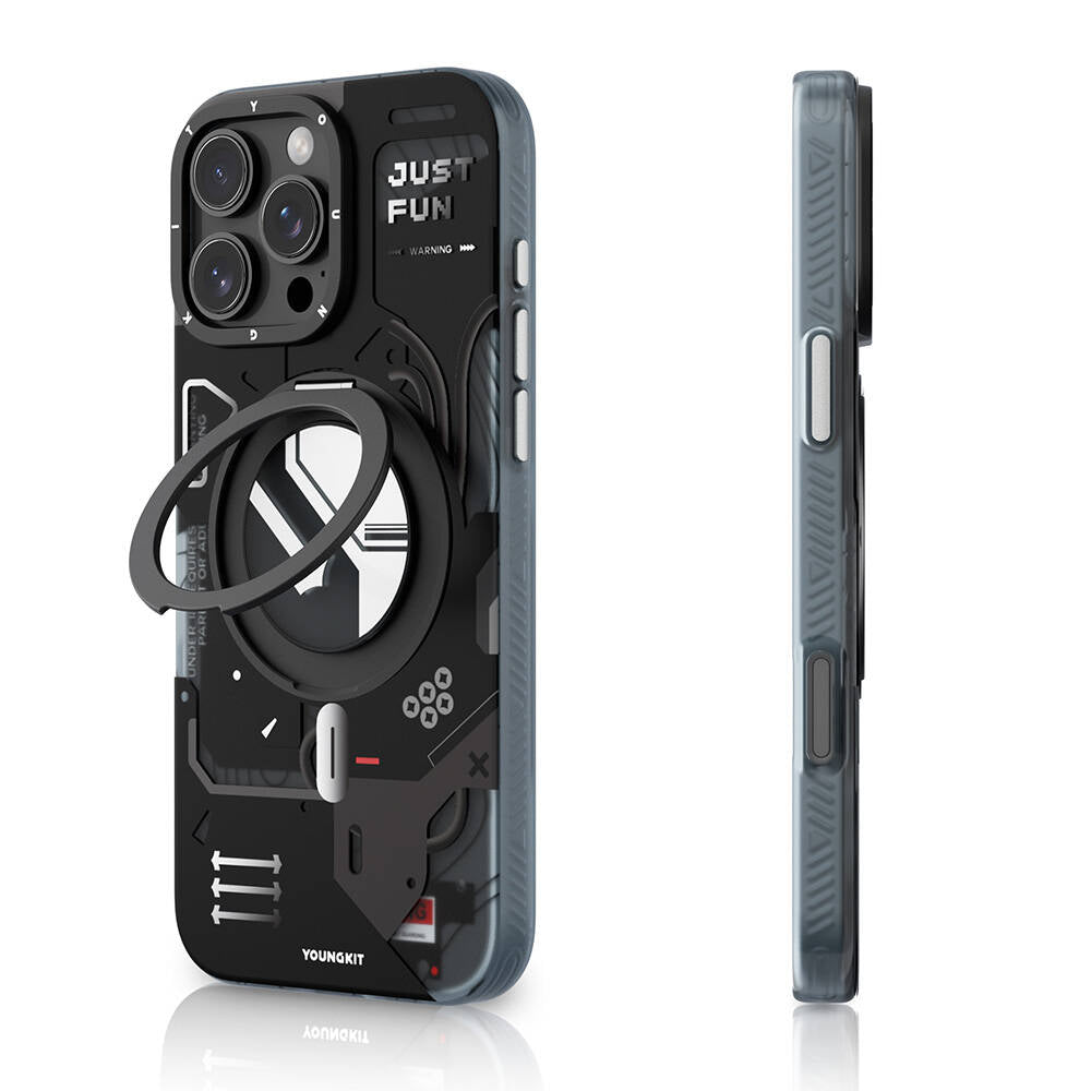 Apple iPhone 16 Pro Max Kılıf Magsafe Şarj Özellikli Youngkit 360° Standlı Starship Serisi Kapak Mavi