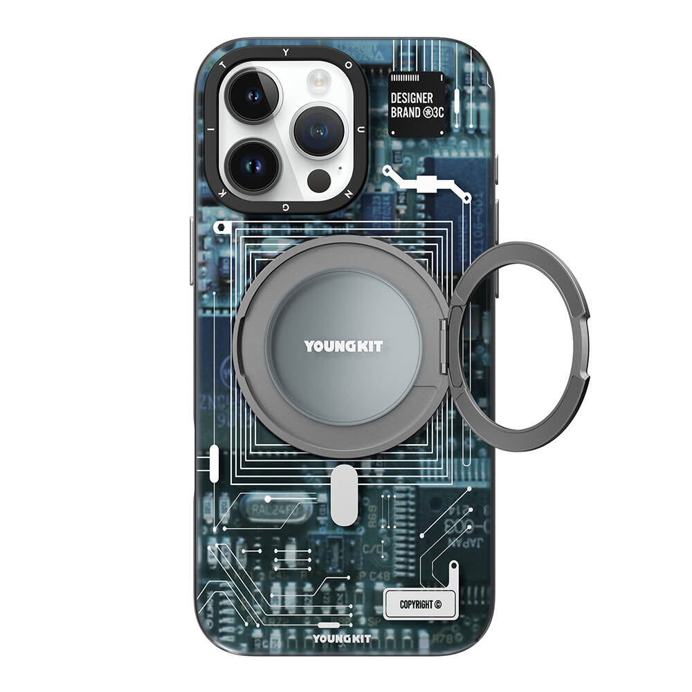 Apple iPhone 16 Pro Max Kılıf Magsafe Şarj Özellikli Youngkit 360° Standlı Technology Serisi Kapak Gri