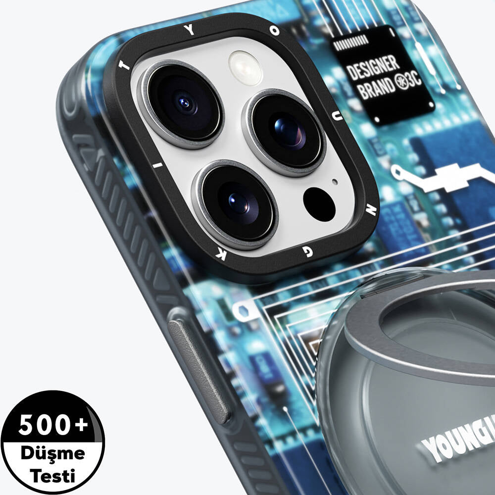 Apple iPhone 16 Pro Max Kılıf Magsafe Şarj Özellikli Youngkit 360° Standlı Technology Serisi Kapak Gri