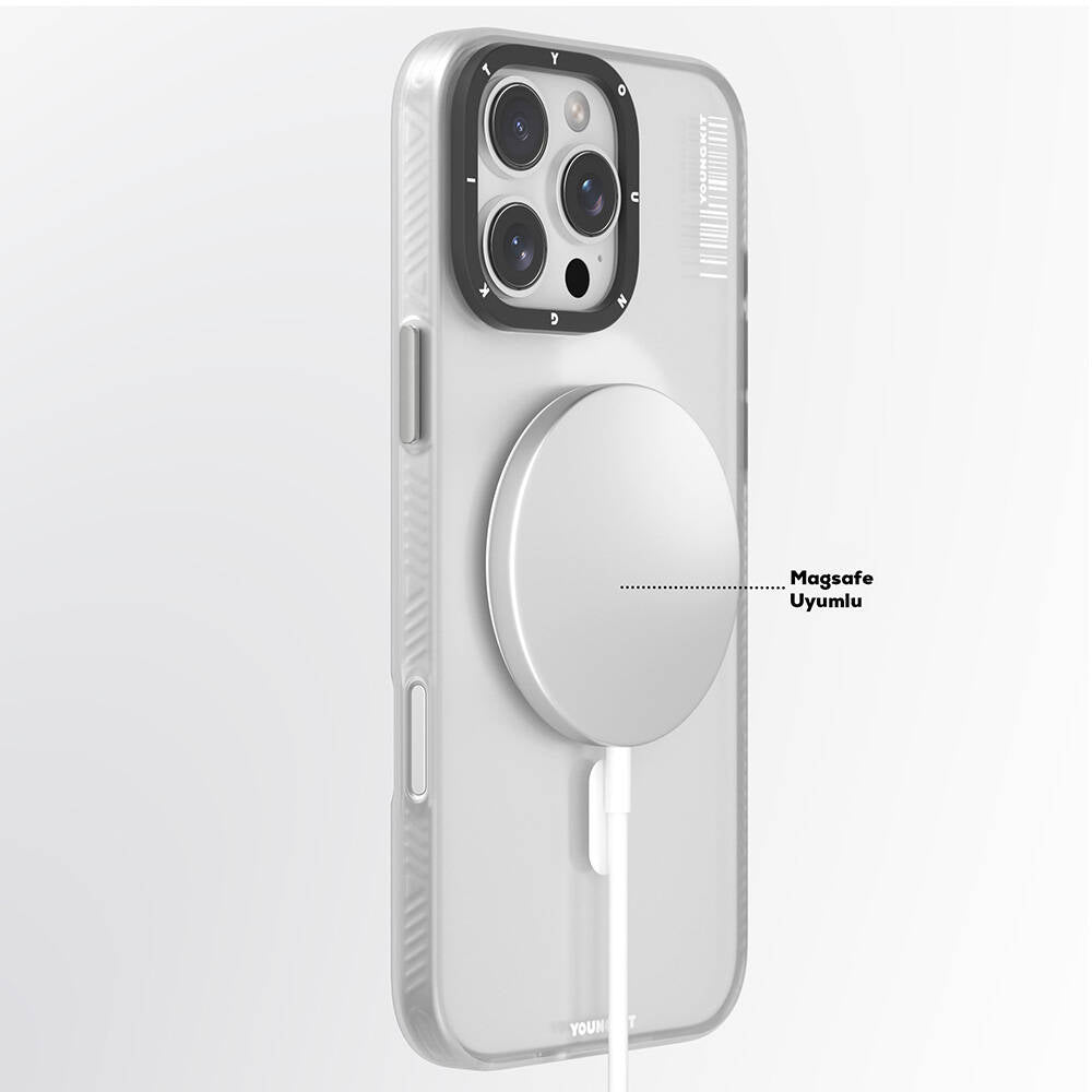 Apple iPhone 16 Pro Max Kılıf Magsafe Şarj Özellikli Youngkit Hidden Sand Serisi Kapak Beyaz