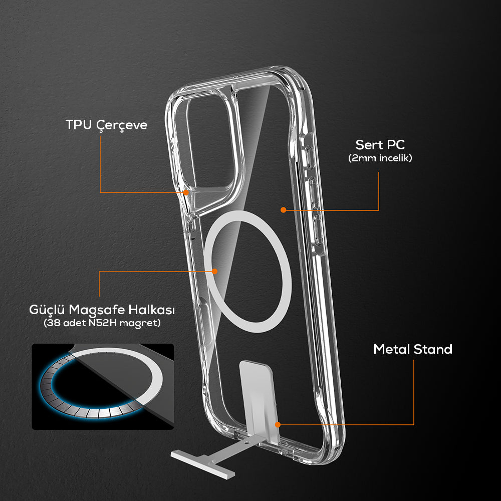 Apple iPhone 16 Pro Max Kılıf M-safe Şarj Özellikli Zore T-Max Standlı Kapak Şeffaf