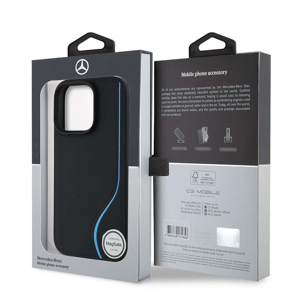 Apple iPhone 16 Pro Max Kılıf Mercedes Benz Orjinal Lisanslı M-safe Şarj Özellikli 3D Metal Logolu Mavi Dikey Eğri Çizgili Deri Kapak Siyah