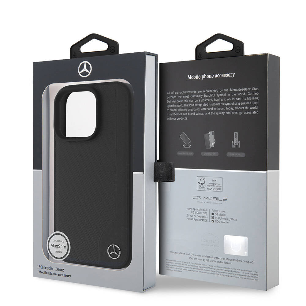 Apple iPhone 16 Pro Max Kılıf Mercedes Benz Orjinal Lisanslı Magsafe Şarj Özellikli 3D Metal Logolu Wood Imitation Deri Kapak Siyah
