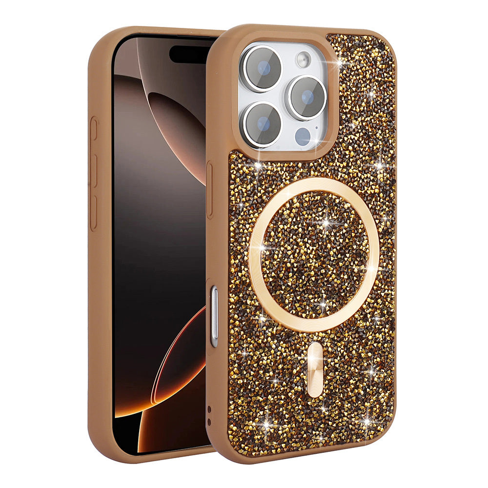 Apple iPhone 16 Pro Max Kılıf Pırlanta Tasarımlı M-safe Şarj Özellikli Zore Mozaik Silikon Kapak Desert Titanyum