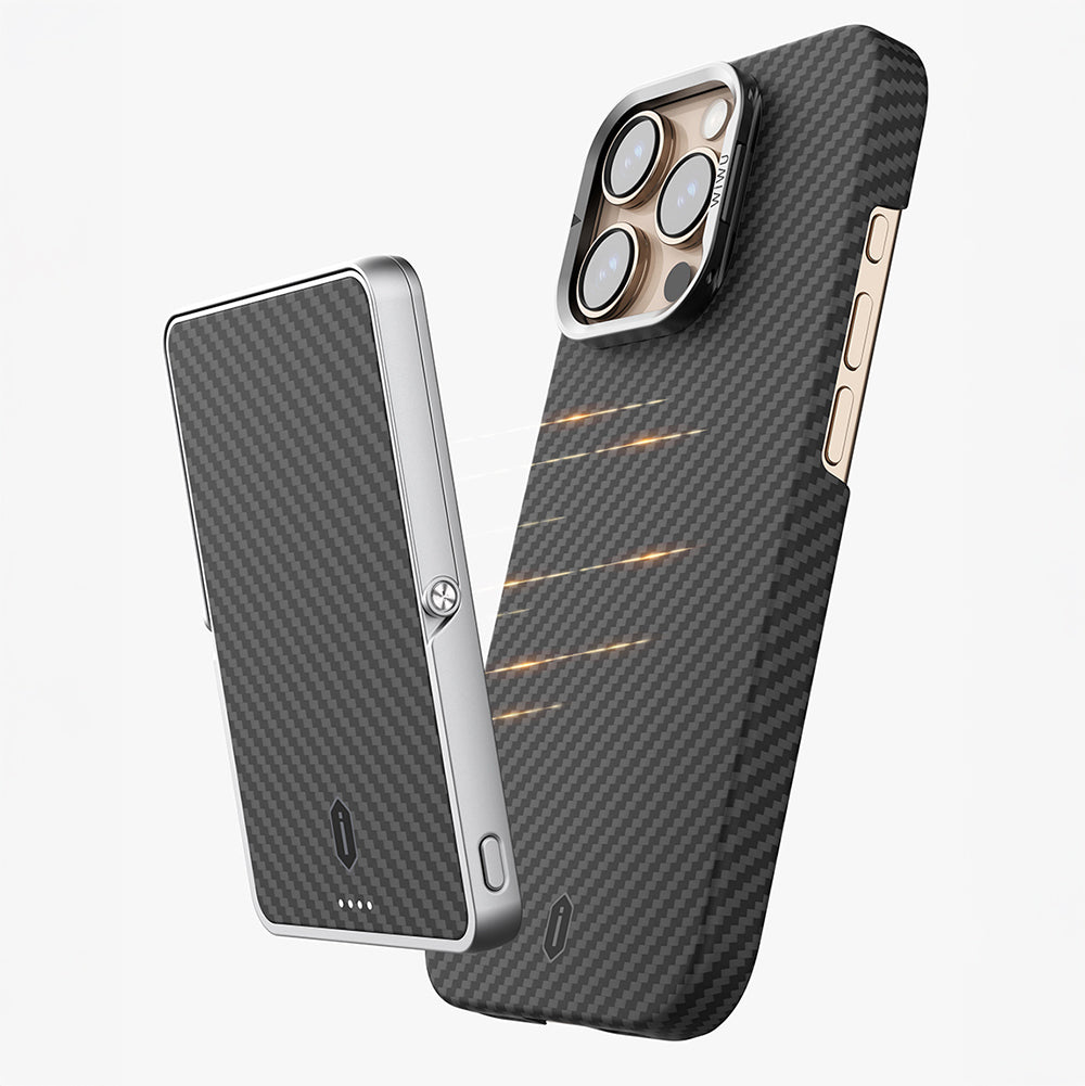 Apple iPhone 16 Pro Max Kılıf Wiwu DCC-206 M-safe Şarj Özellikli Kamera Standlı Aramid Fiber Tasarım Kevlar Kapak Siyah