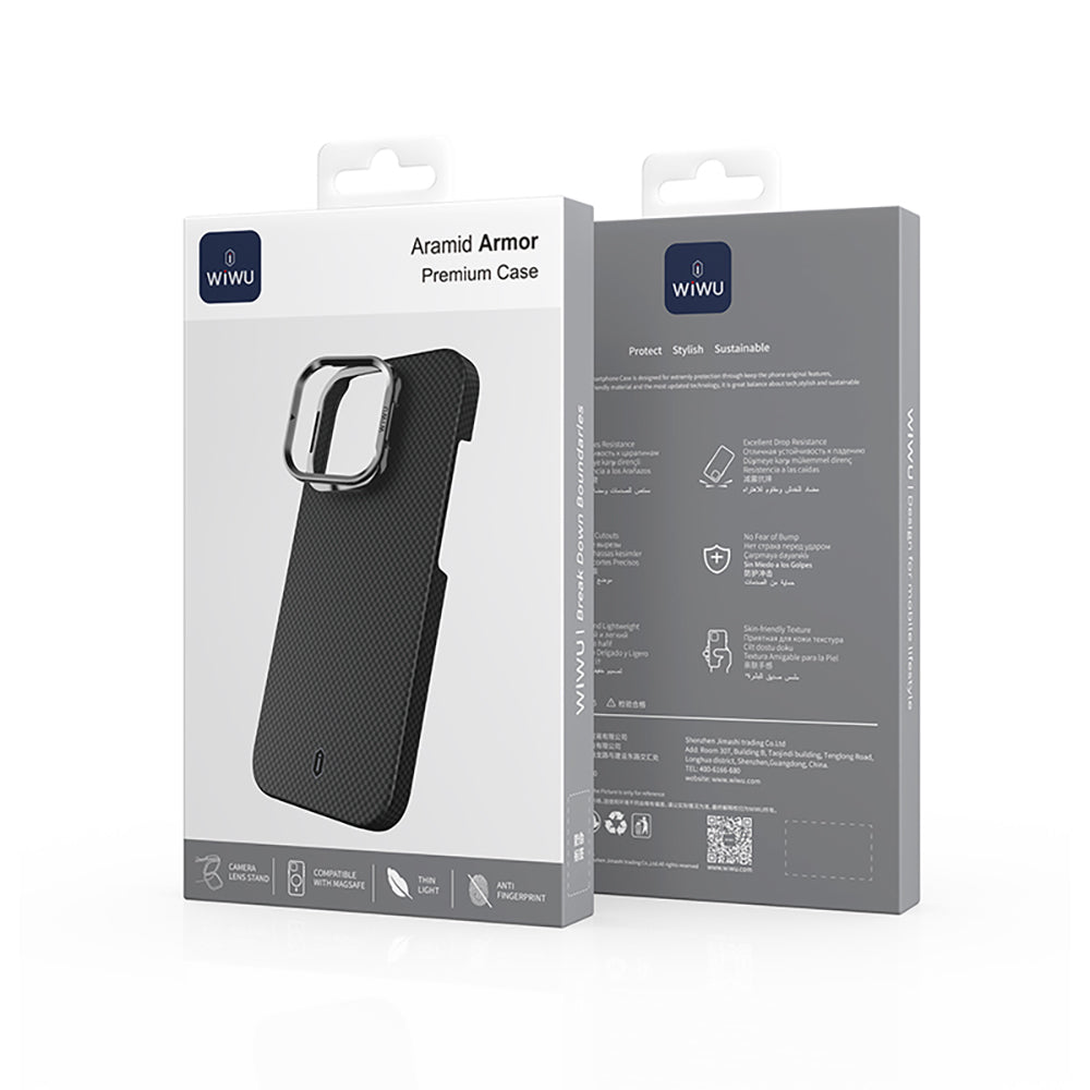 Apple iPhone 16 Pro Max Kılıf Wiwu DCC-208 M-safe Şarj Özellikli Kamera Standlı Aramid Fiber Tasarım Kevlar Kapak Gold