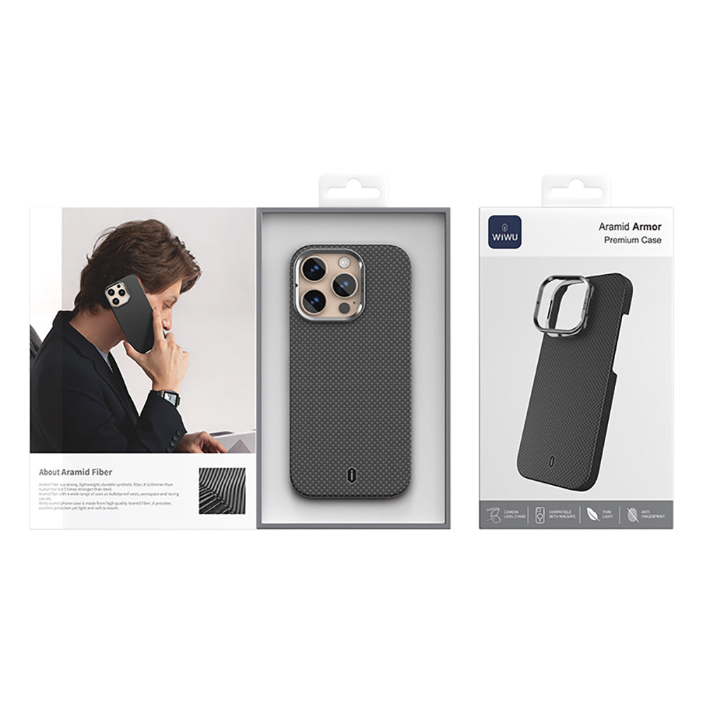 Apple iPhone 16 Pro Max Kılıf Wiwu DCC-208 M-safe Şarj Özellikli Kamera Standlı Aramid Fiber Tasarım Kevlar Kapak Kırmızı